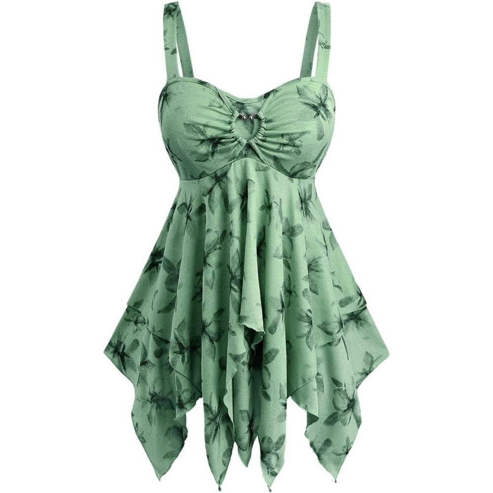 image:imageRosegal Women Plus Size Flowy Summer Floral Babydoll Tank Top Backless Layered HandkerchiefGreen1