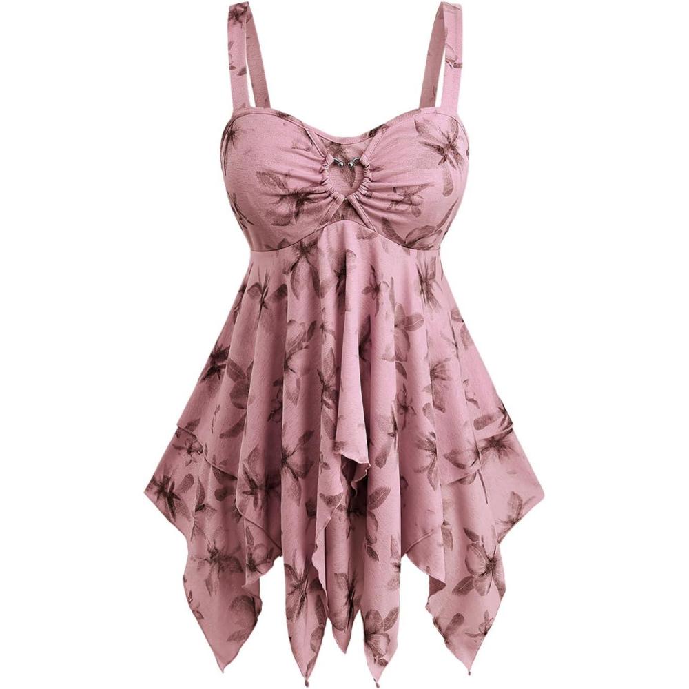 image:imageRosegal Women Plus Size Flowy Summer Floral Babydoll Tank Top Backless Layered HandkerchiefPink1