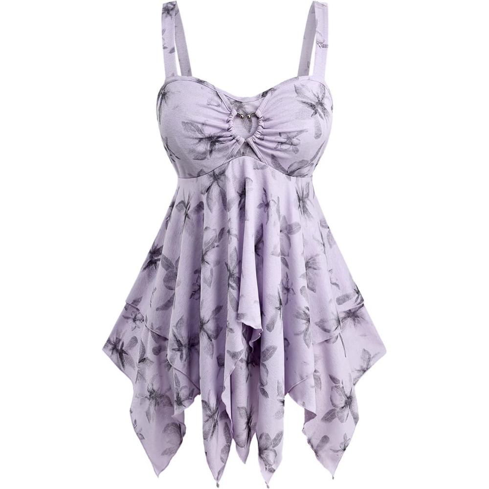 image:imageRosegal Women Plus Size Flowy Summer Floral Babydoll Tank Top Backless Layered HandkerchiefPurple1