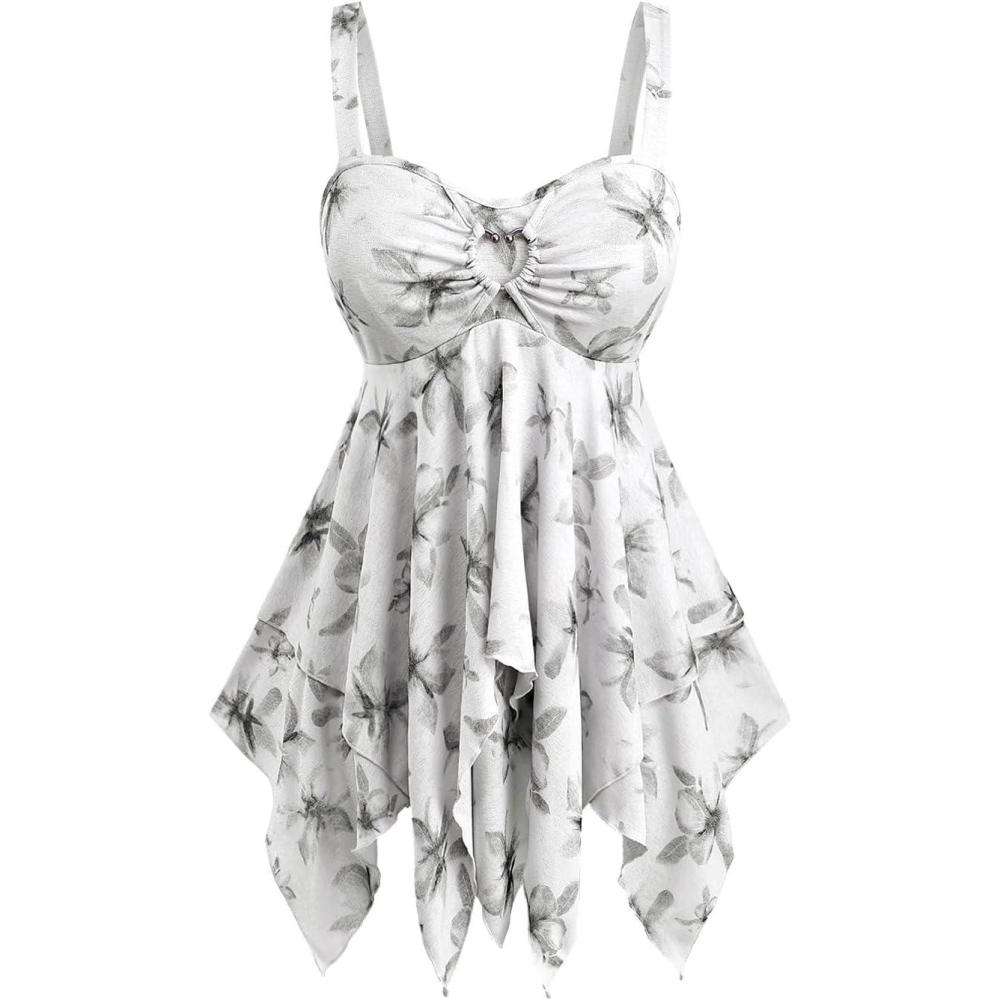 image:imageRosegal Women Plus Size Flowy Summer Floral Babydoll Tank Top Backless Layered HandkerchiefWhite1