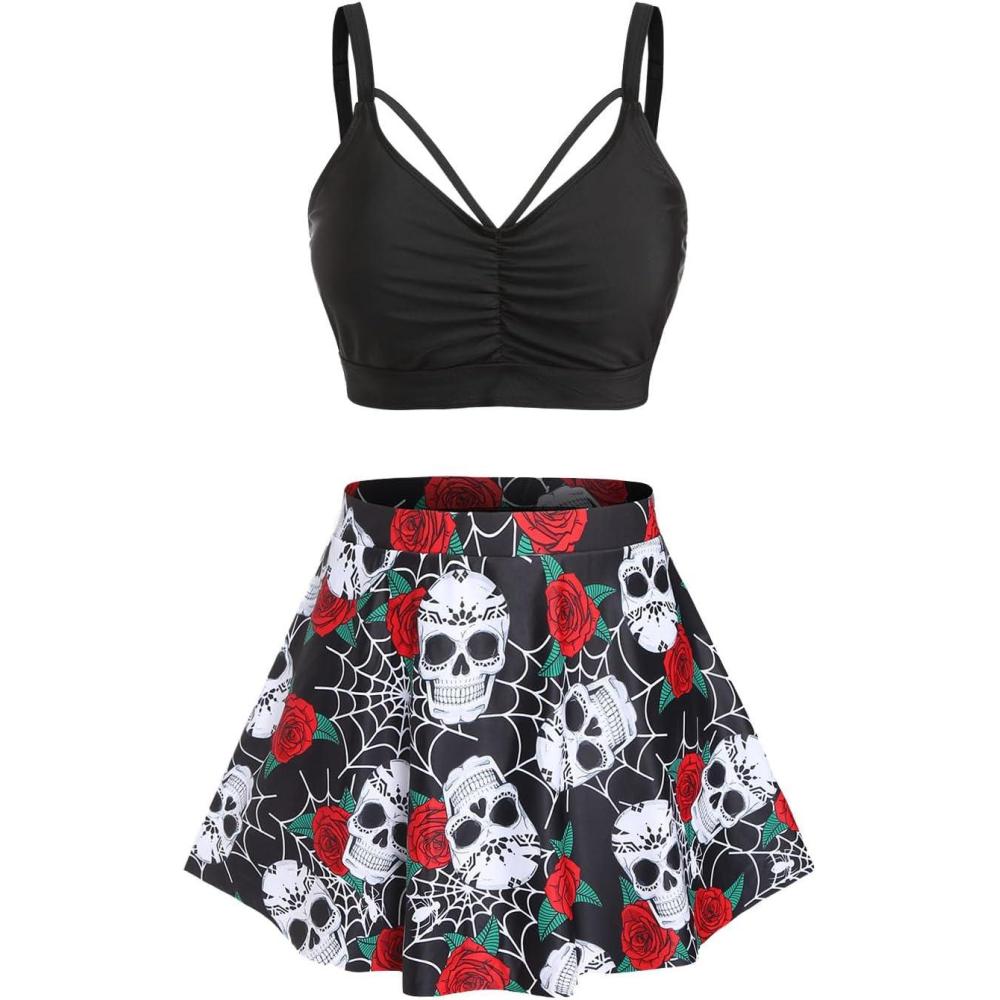 image:imageRosegal Women Plus Size Gothic Tankini Swimsuit Rose Skulls Printed Ruched Two Piece Bathing SuitsBlack