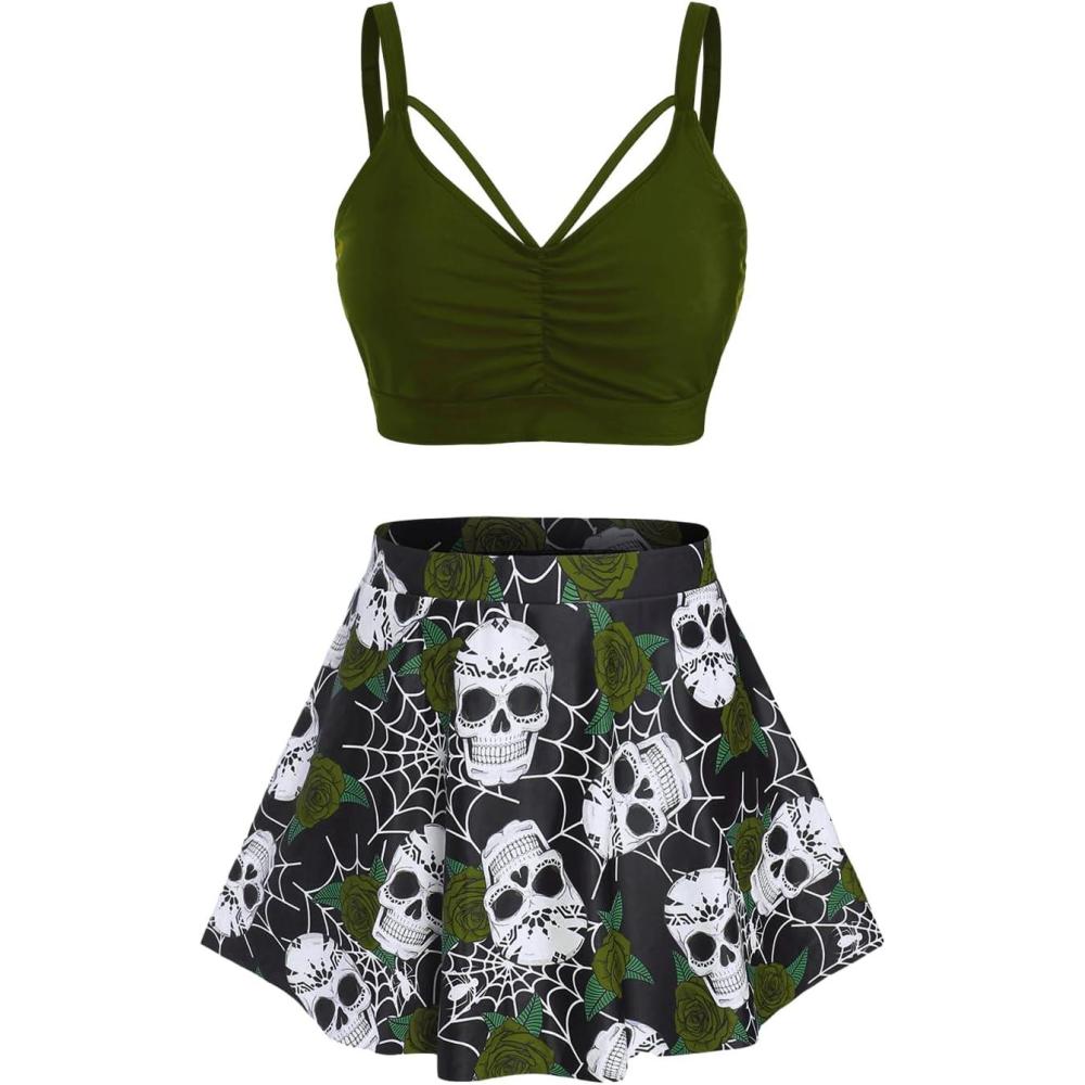 image:imageRosegal Women Plus Size Gothic Tankini Swimsuit Rose Skulls Printed Ruched Two Piece Bathing SuitsDeep Green