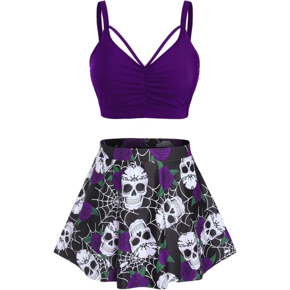 image:imageRosegal Women Plus Size Gothic Tankini Swimsuit Rose Skulls Printed Ruched Two Piece Bathing SuitsDeep Purple