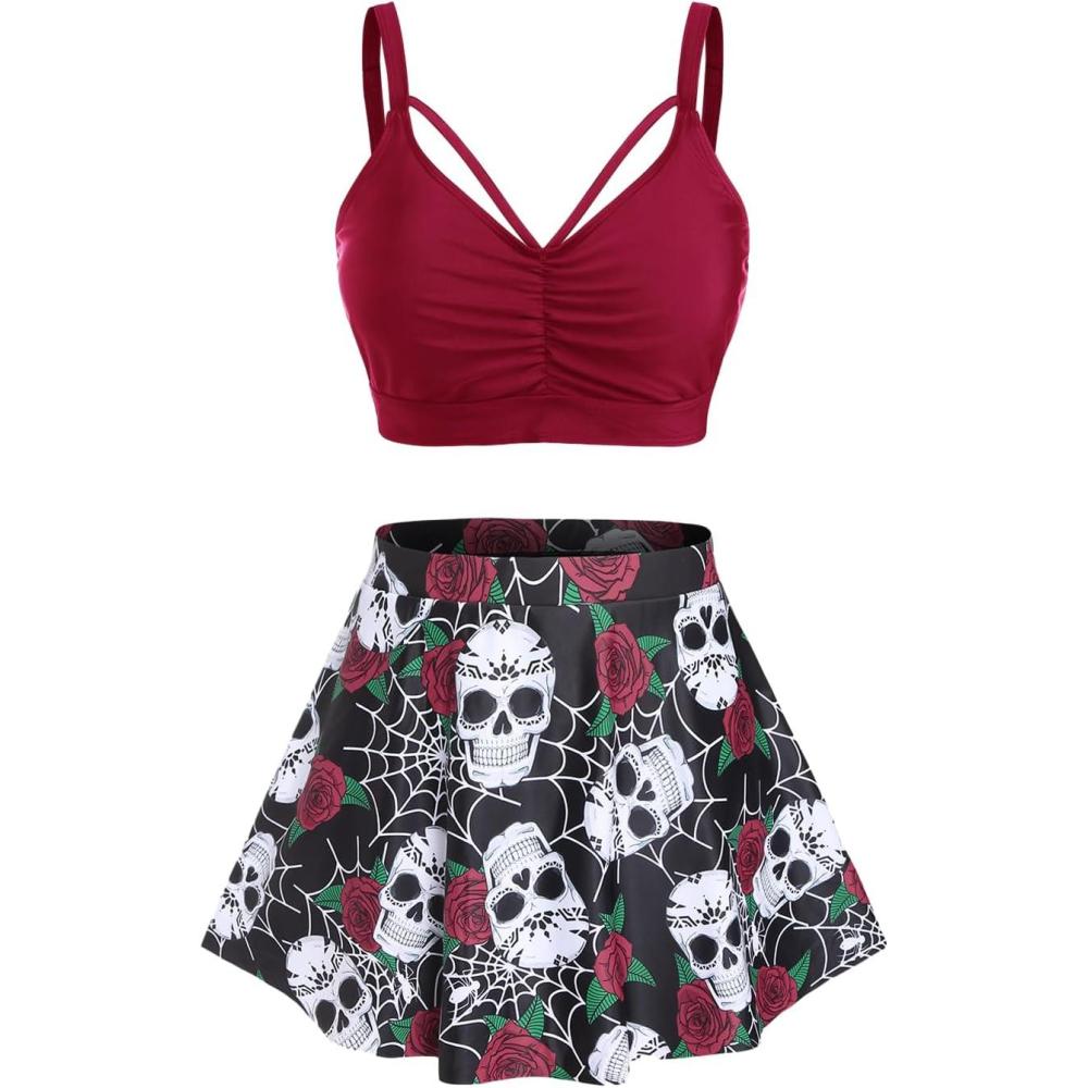 image:imageRosegal Women Plus Size Gothic Tankini Swimsuit Rose Skulls Printed Ruched Two Piece Bathing SuitsDeep Red