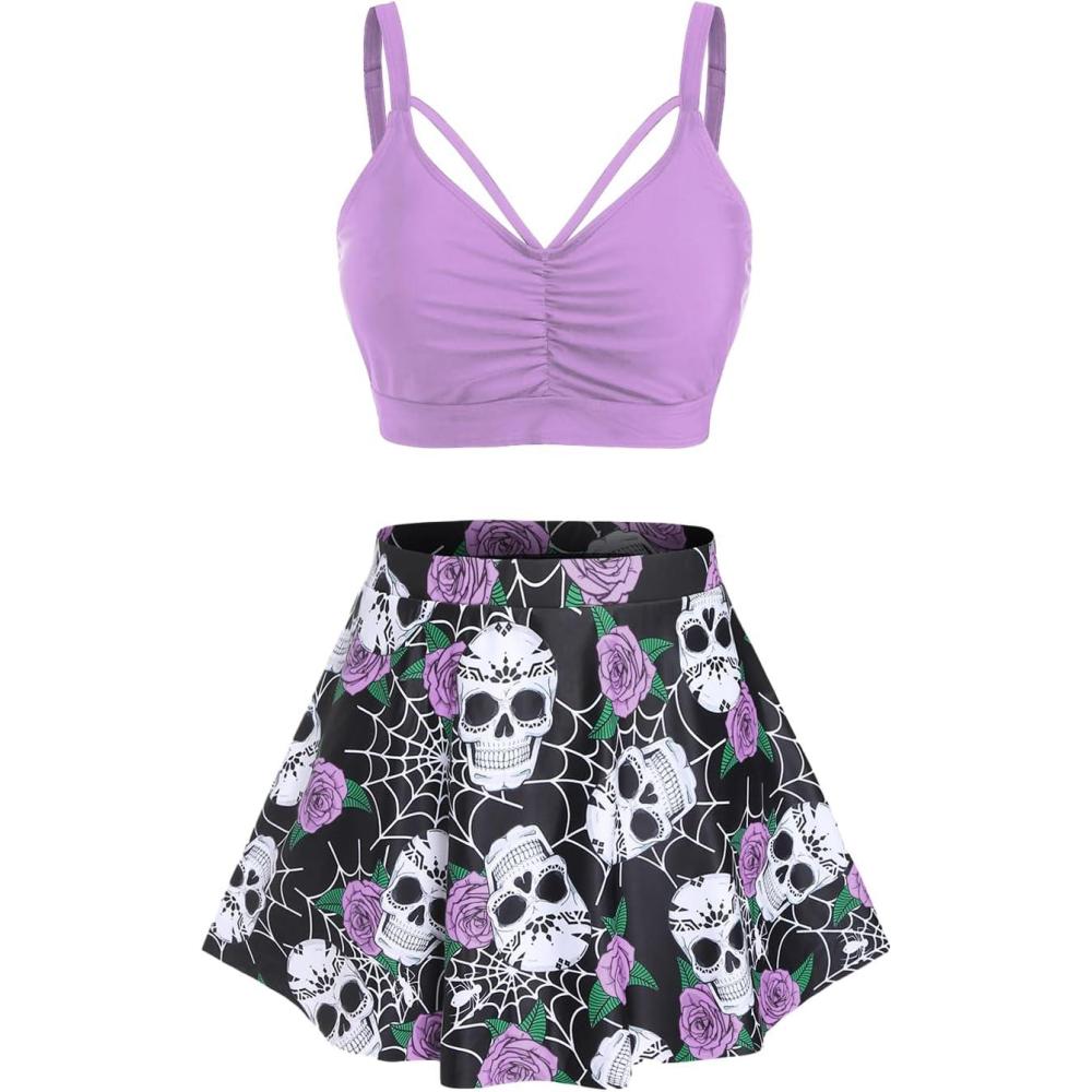 image:imageRosegal Women Plus Size Gothic Tankini Swimsuit Rose Skulls Printed Ruched Two Piece Bathing SuitsLight Purple