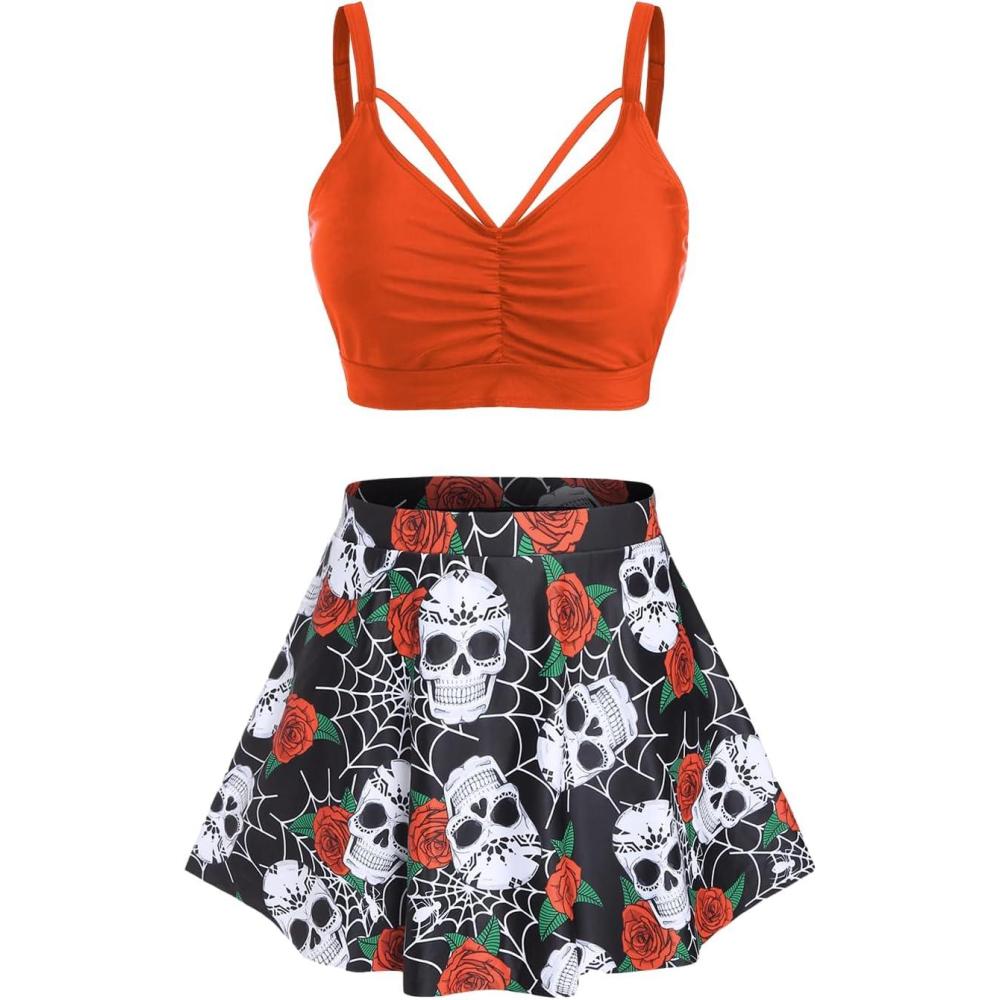 image:imageRosegal Women Plus Size Gothic Tankini Swimsuit Rose Skulls Printed Ruched Two Piece Bathing SuitsOrange