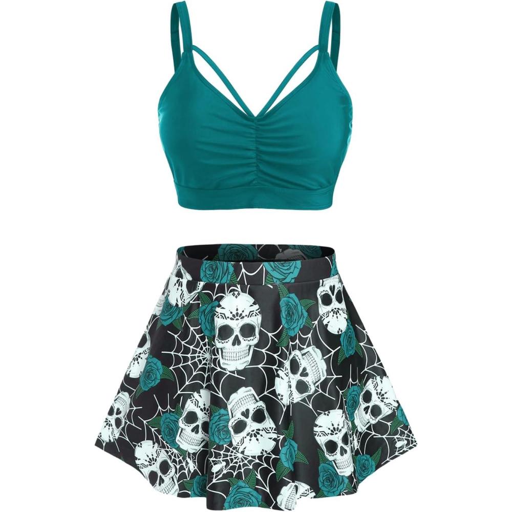 image:imageRosegal Women Plus Size Gothic Tankini Swimsuit Rose Skulls Printed Ruched Two Piece Bathing SuitsPeacock Blue