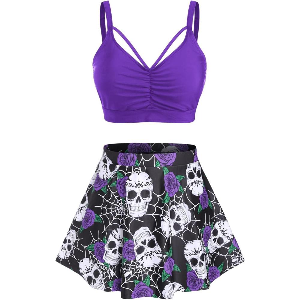 image:imageRosegal Women Plus Size Gothic Tankini Swimsuit Rose Skulls Printed Ruched Two Piece Bathing SuitsPurple