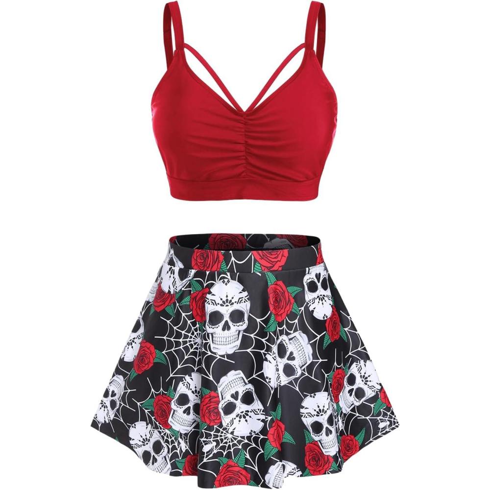 image:imageRosegal Women Plus Size Gothic Tankini Swimsuit Rose Skulls Printed Ruched Two Piece Bathing SuitsRed