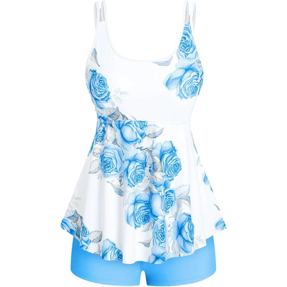 image:imageRosegal Women Plus Size Modest Tankini Swimsuit Rose Print Boyleg Swimwear Padded Boyshorts BathingBlue1