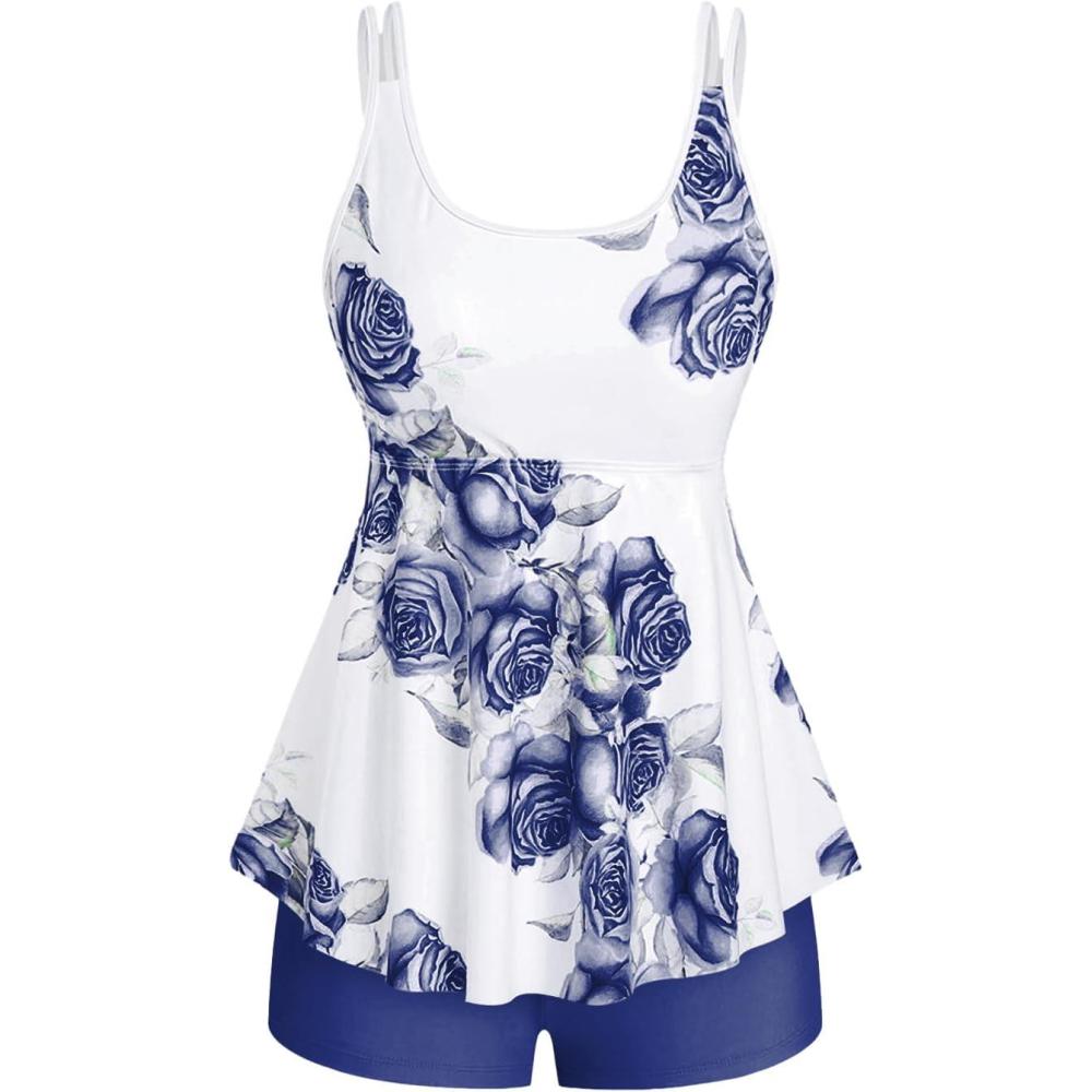 image:imageRosegal Women Plus Size Modest Tankini Swimsuit Rose Print Boyleg Swimwear Padded Boyshorts BathingBlue3