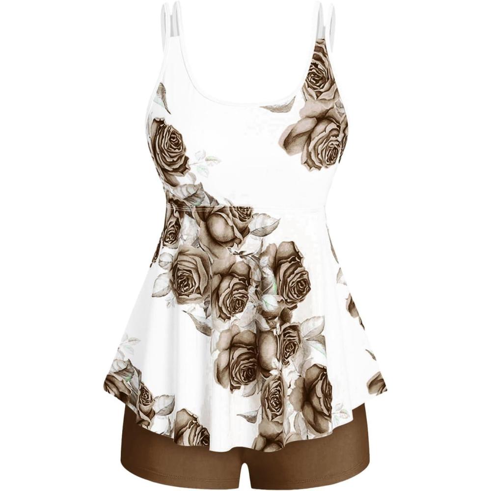 image:imageRosegal Women Plus Size Modest Tankini Swimsuit Rose Print Boyleg Swimwear Padded Boyshorts BathingCoffee1