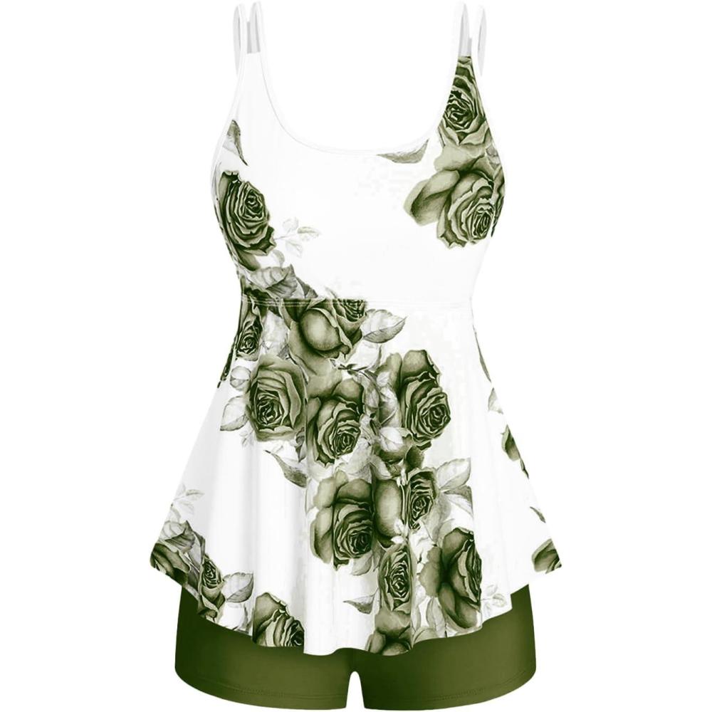 image:imageRosegal Women Plus Size Modest Tankini Swimsuit Rose Print Boyleg Swimwear Padded Boyshorts BathingGreen2