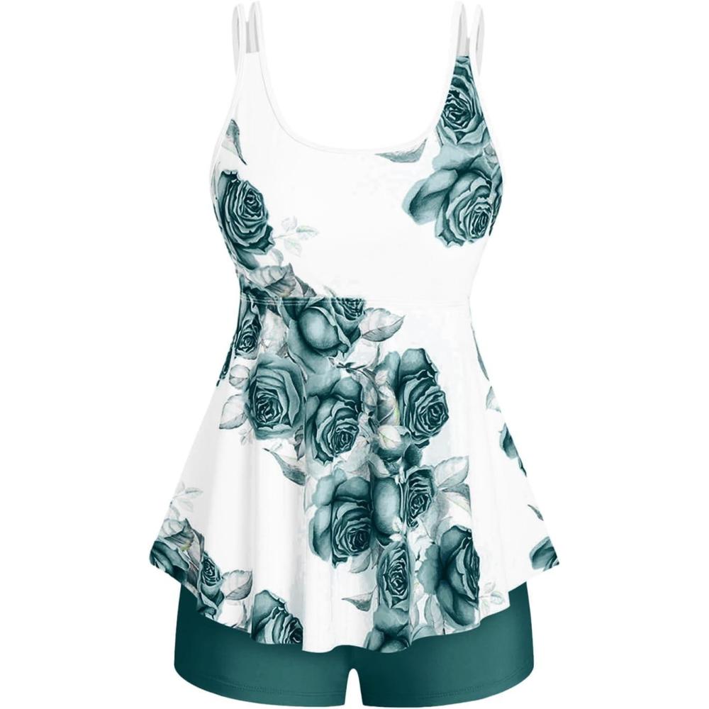 image:imageRosegal Women Plus Size Modest Tankini Swimsuit Rose Print Boyleg Swimwear Padded Boyshorts BathingGreen3