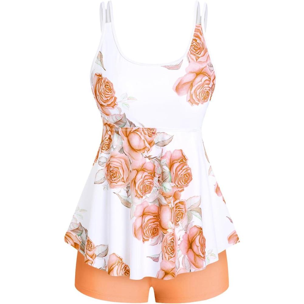 image:imageRosegal Women Plus Size Modest Tankini Swimsuit Rose Print Boyleg Swimwear Padded Boyshorts BathingOrange1
