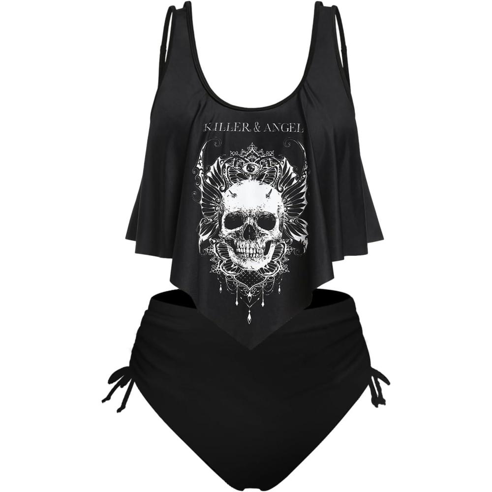 image:imageRosegal Womens Plus Size Curve Gothic Skull Print Ruffled Overlay Tankini Swimwear SetBlack