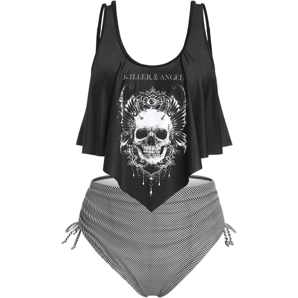image:imageRosegal Womens Plus Size Curve Gothic Skull Print Ruffled Overlay Tankini Swimwear SetBlack1