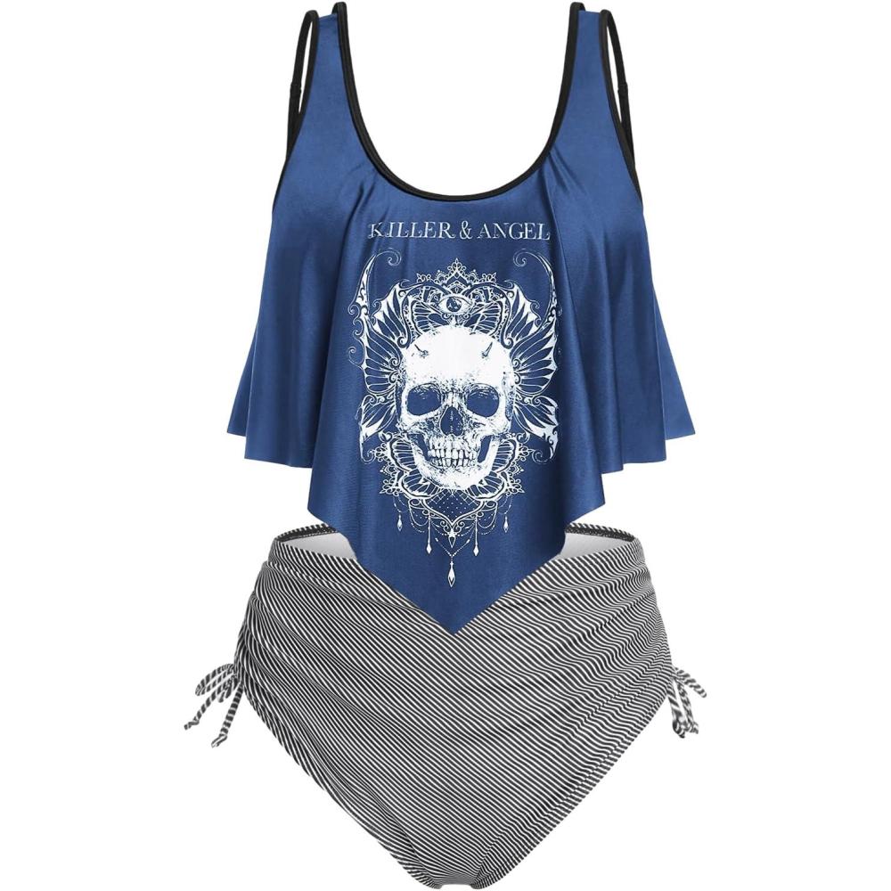 image:imageRosegal Womens Plus Size Curve Gothic Skull Print Ruffled Overlay Tankini Swimwear SetBlue