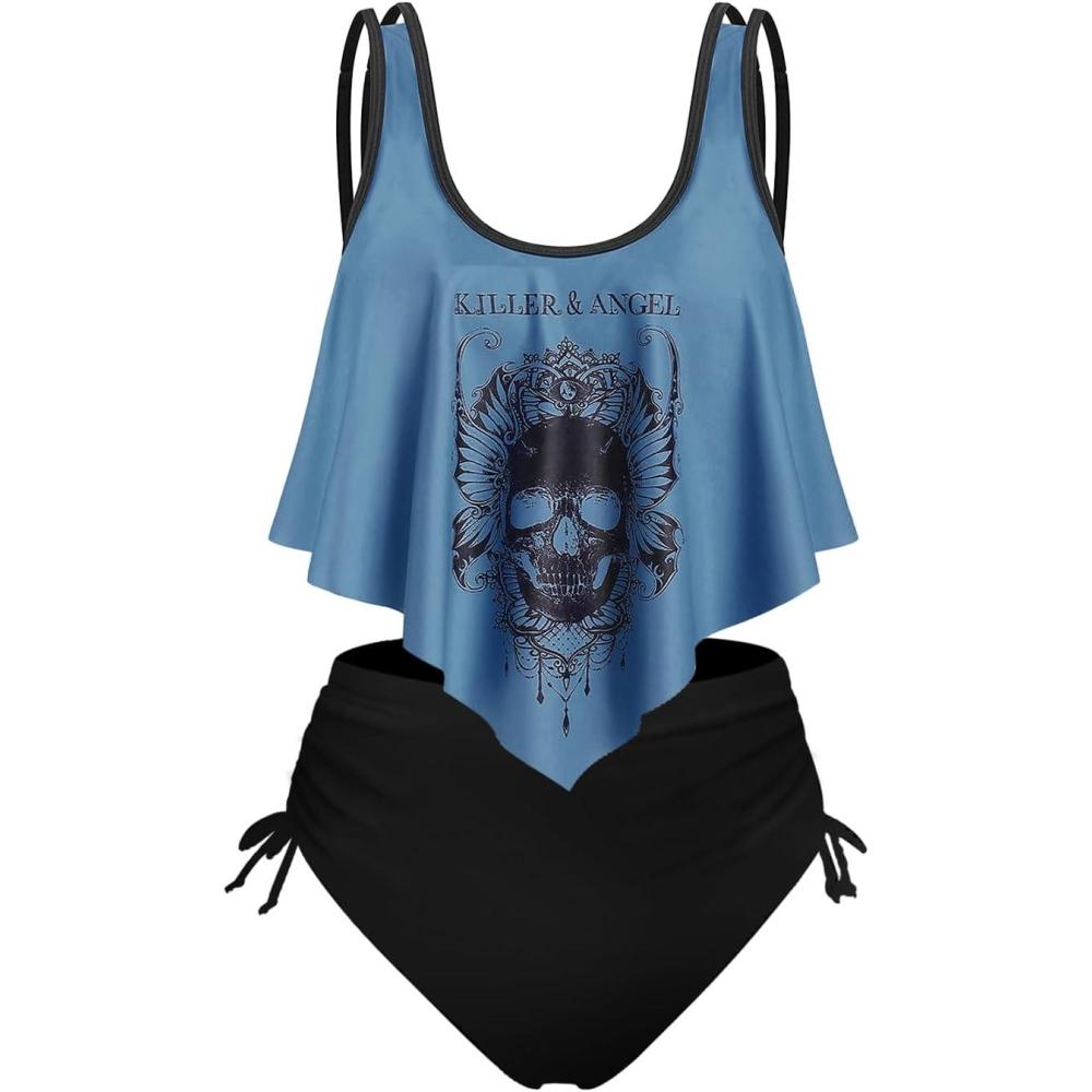 image:imageRosegal Womens Plus Size Curve Gothic Skull Print Ruffled Overlay Tankini Swimwear SetBlue10