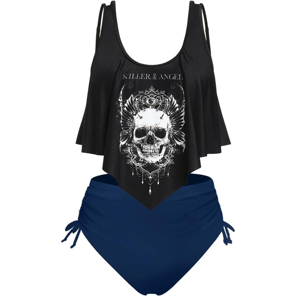 image:imageRosegal Womens Plus Size Curve Gothic Skull Print Ruffled Overlay Tankini Swimwear SetBlue12