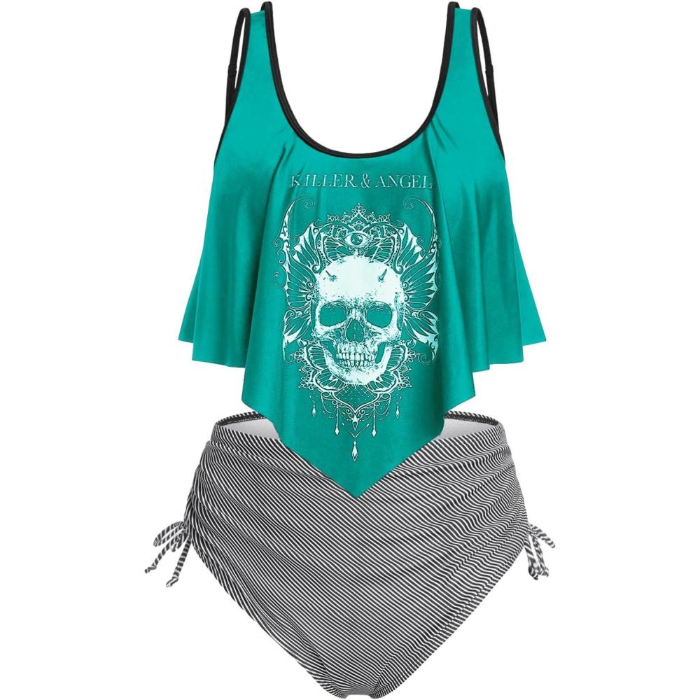 image:imageRosegal Womens Plus Size Curve Gothic Skull Print Ruffled Overlay Tankini Swimwear SetGreen