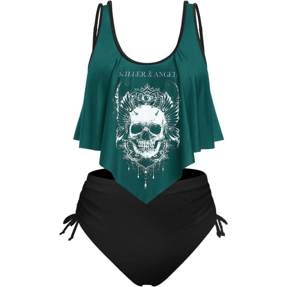 image:imageRosegal Womens Plus Size Curve Gothic Skull Print Ruffled Overlay Tankini Swimwear SetGreen12