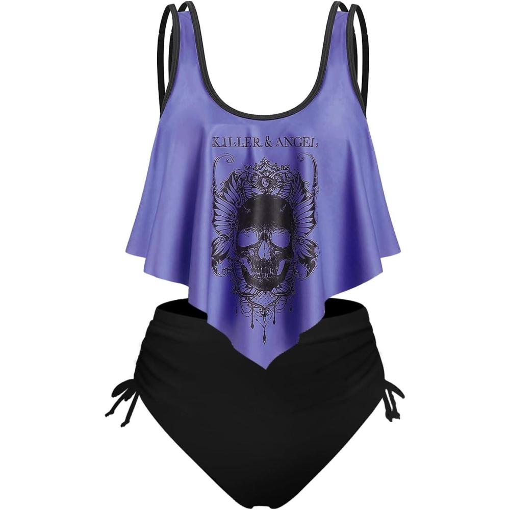 image:imageRosegal Womens Plus Size Curve Gothic Skull Print Ruffled Overlay Tankini Swimwear SetPurple