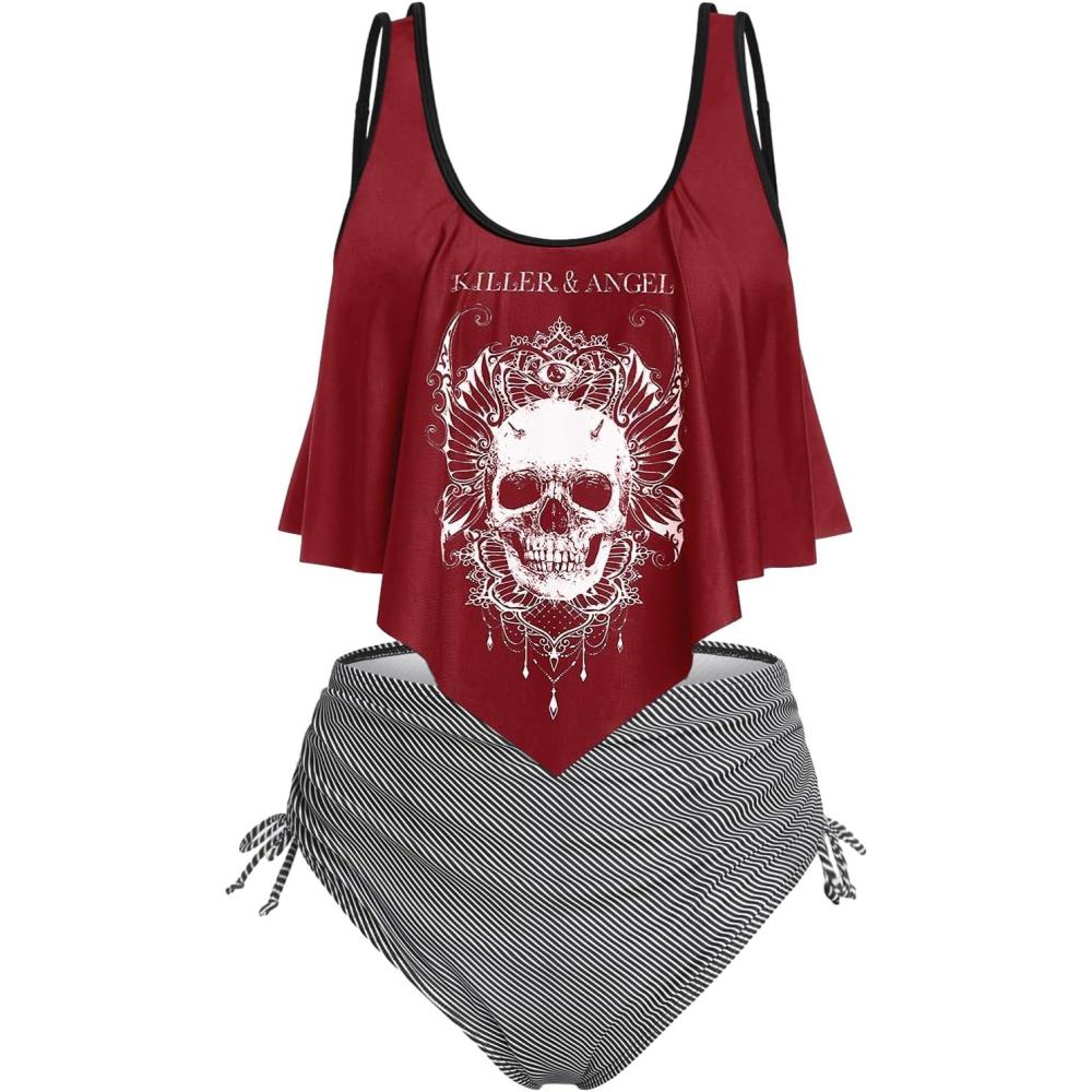image:imageRosegal Womens Plus Size Curve Gothic Skull Print Ruffled Overlay Tankini Swimwear SetRed