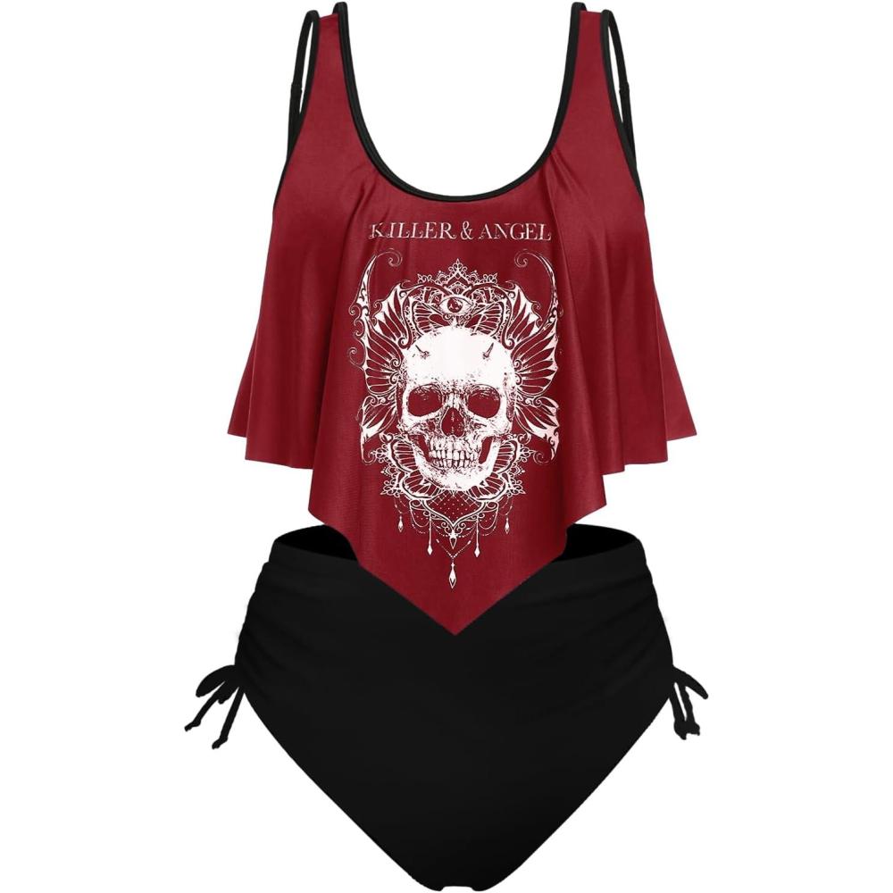 image:imageRosegal Womens Plus Size Curve Gothic Skull Print Ruffled Overlay Tankini Swimwear SetRed1