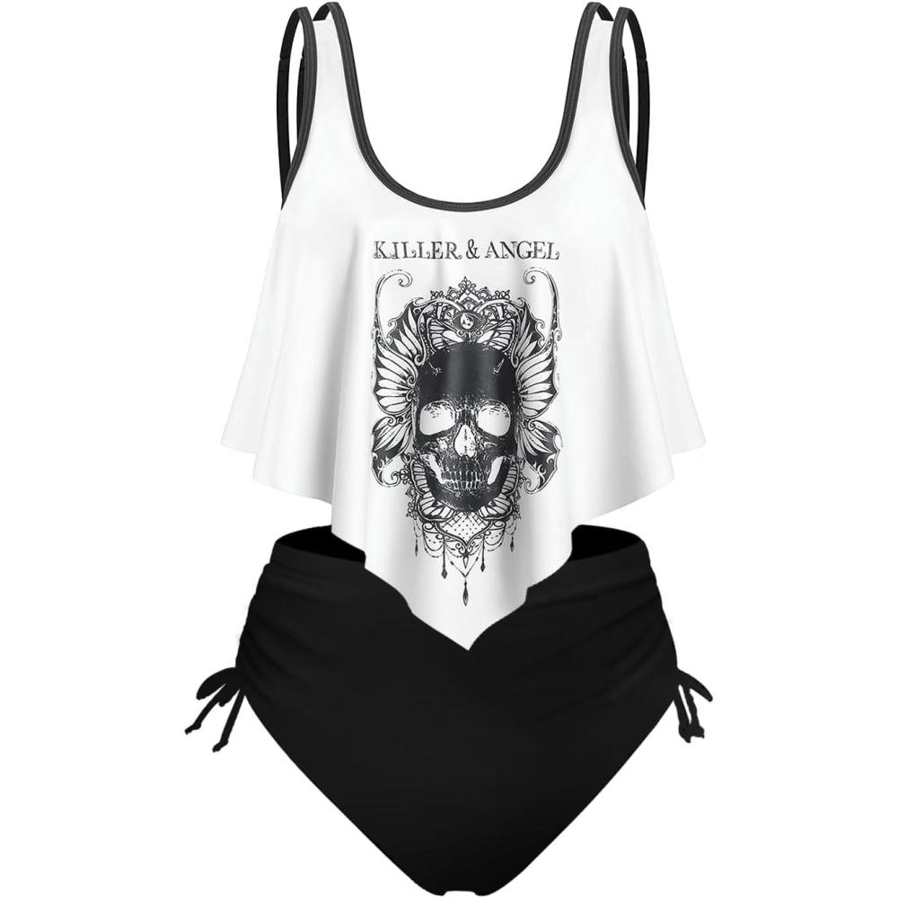 image:imageRosegal Womens Plus Size Curve Gothic Skull Print Ruffled Overlay Tankini Swimwear SetWhite2
