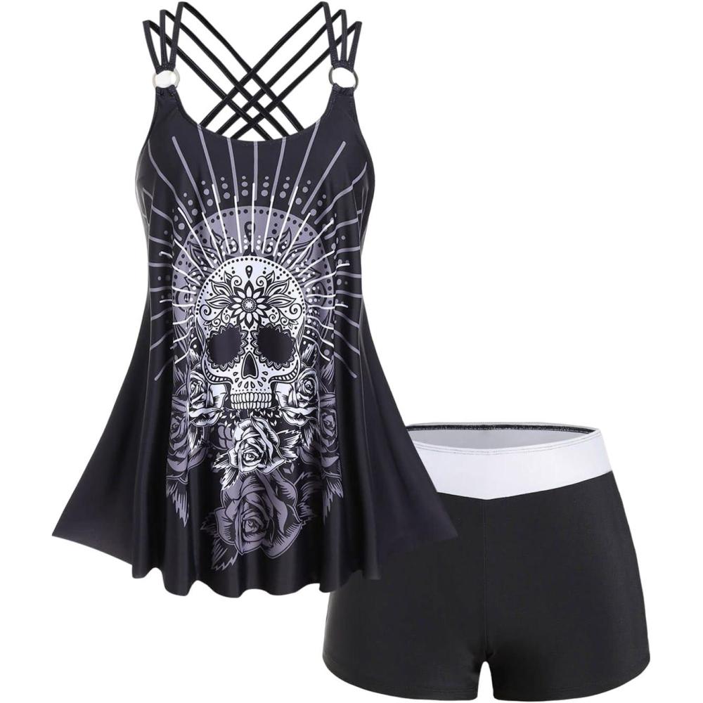 image:imageRosegal Womens Plus Size Modest Skull Rose Print Rings Crisscross Boyshorts Tankini Swimsuit SetBlack3