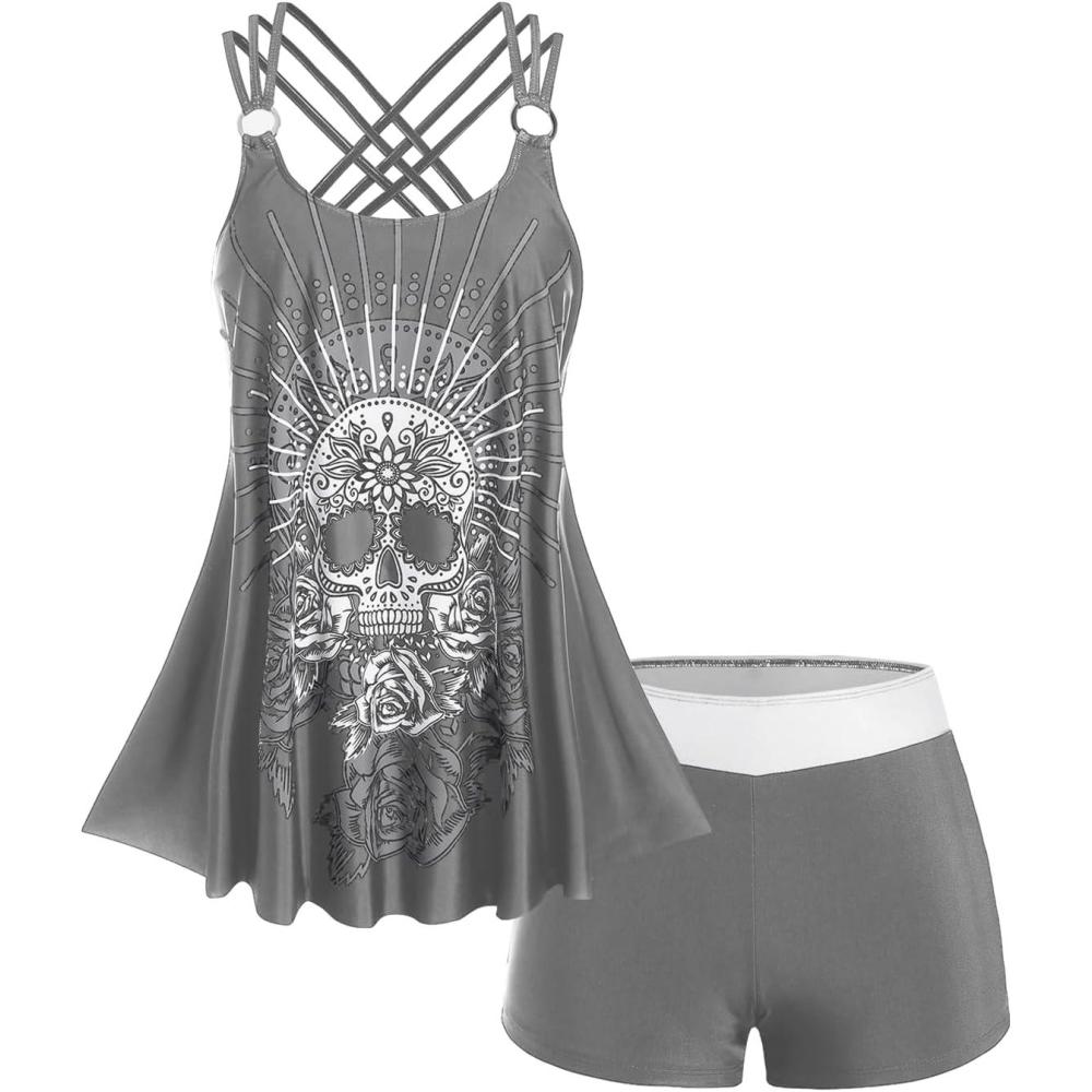 image:imageRosegal Womens Plus Size Modest Skull Rose Print Rings Crisscross Boyshorts Tankini Swimsuit SetGray
