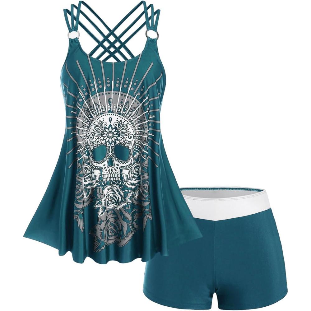 image:imageRosegal Womens Plus Size Modest Skull Rose Print Rings Crisscross Boyshorts Tankini Swimsuit SetGreen