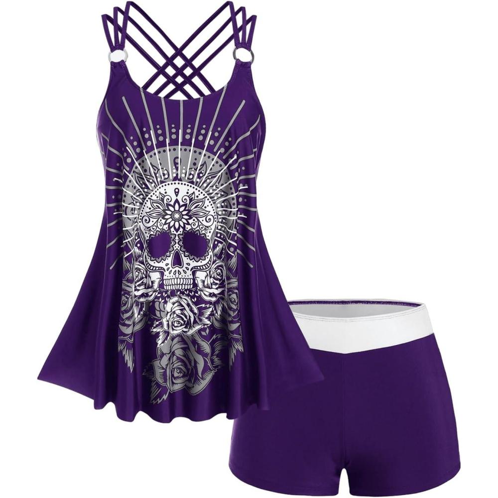 image:imageRosegal Womens Plus Size Modest Skull Rose Print Rings Crisscross Boyshorts Tankini Swimsuit SetPurple