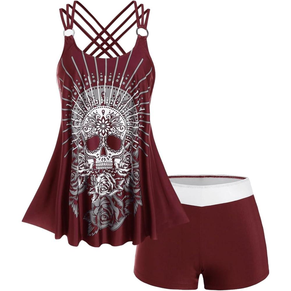 image:imageRosegal Womens Plus Size Modest Skull Rose Print Rings Crisscross Boyshorts Tankini Swimsuit SetRed