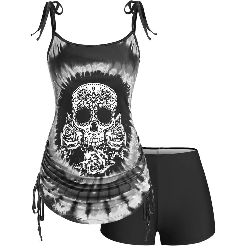 image:imageRosegal Womens Plus Size Skull Rose Tie Dye Print Cinched Ruched Tie Boyshorts Tankini Swimsuit SetBlack