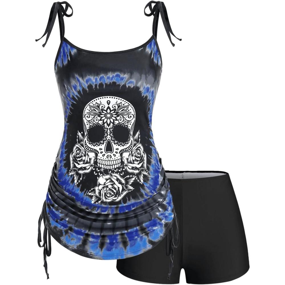 image:imageRosegal Womens Plus Size Skull Rose Tie Dye Print Cinched Ruched Tie Boyshorts Tankini Swimsuit SetBlue