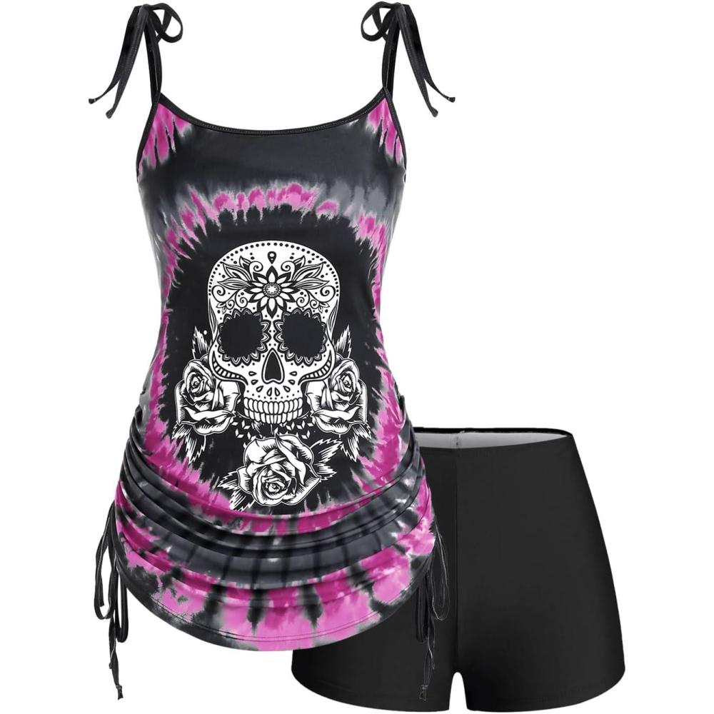 image:imageRosegal Womens Plus Size Skull Rose Tie Dye Print Cinched Ruched Tie Boyshorts Tankini Swimsuit SetDeep Red