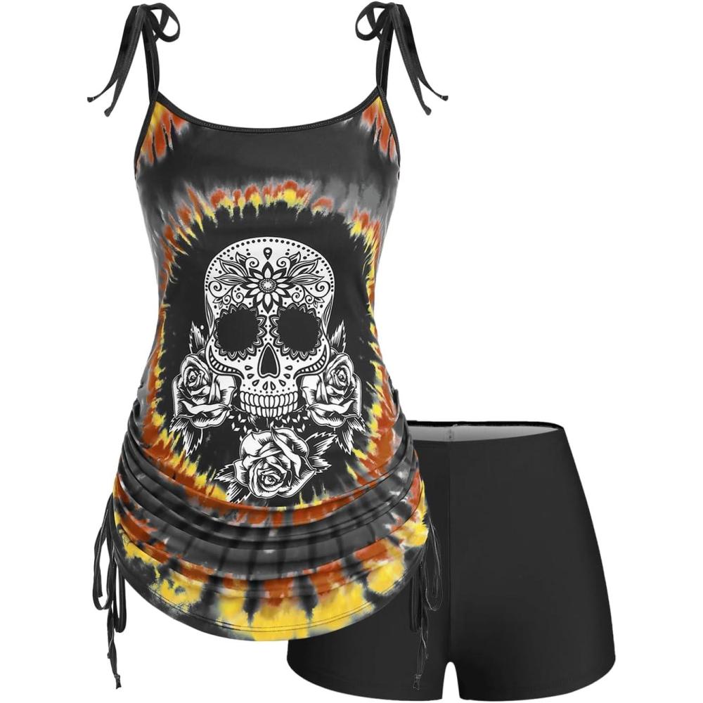 image:imageRosegal Womens Plus Size Skull Rose Tie Dye Print Cinched Ruched Tie Boyshorts Tankini Swimsuit SetYellow1