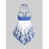 ROSE GAL 3D Figure Butterfly Printed Halter Ruched Tankini Sswimsuit(Blue)