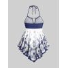 ROSE GAL 3D Figure Butterfly Printed Halter Ruched Tankini Sswimsuit(Deep Blue)