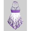 ROSE GAL 3D Figure Butterfly Printed Halter Ruched Tankini Sswimsuit(Purple-2)