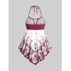 ROSE GAL 3D Figure Butterfly Printed Halter Ruched Tankini Sswimsuit(Wine Red)