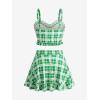 ROSE GAL Plus Size Ruffles Flounce Padded Plaid Three Piece Skirt Tankini Swimsuit(Green_2)