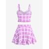ROSE GAL Plus Size Ruffles Flounce Padded Plaid Three Piece Skirt Tankini Swimsuit(Pink)