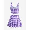 ROSE GAL Plus Size Ruffles Flounce Padded Plaid Three Piece Skirt Tankini Swimsuit(Purple)