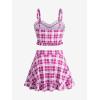 ROSE GAL Plus Size Ruffles Flounce Padded Plaid Three Piece Skirt Tankini Swimsuit(Red)