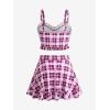 ROSE GAL Plus Size Ruffles Flounce Padded Plaid Three Piece Skirt Tankini Swimsuit(Wine Red)