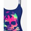 ROSE GAL Rosegal Plus Size Women Gothic Tummy Control Tankini Swimsuit Skull Glitter Print Boyleg Padded Tankini Swimwear(Blue_3)