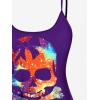 ROSE GAL Rosegal Plus Size Women Gothic Tummy Control Tankini Swimsuit Skull Glitter Print Boyleg Padded Tankini Swimwear(Purple_3)